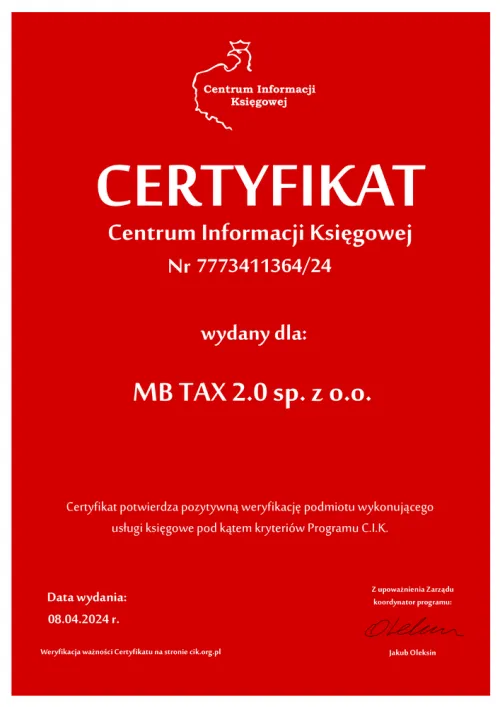 Certyfikat centrum informacji księgowej wydany dla MB Tax 2.0